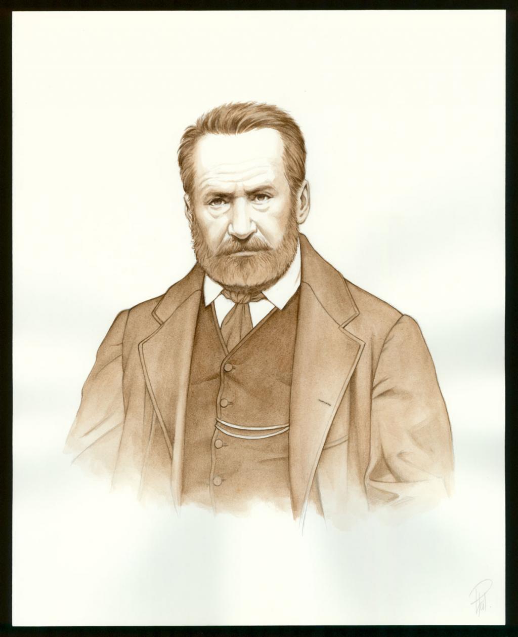 Illustration originale 33 - Victor Hugo, portrait sépia - Laurent Paturaud - Aquarelle et crayon de couleur sur papier - 3382