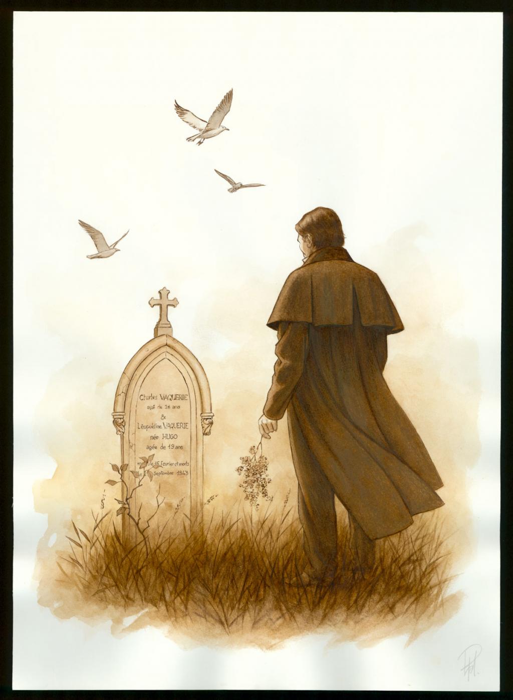 Illustration originale 25 - Victor Hugo sur la tombe de Léopoldine - Laurent Paturaud - Aquarelle et crayon de couleur sur papier - 3381