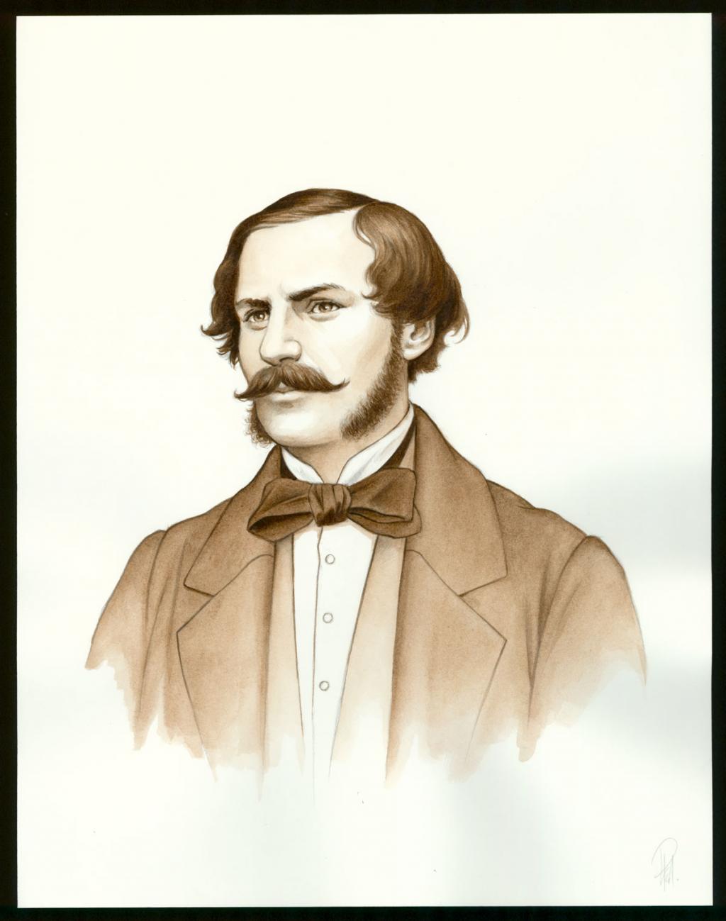 Illustration originale 28 - Portrait de Charles Hugo sépia - Laurent Paturaud - Aquarelle et crayon de couleur sur papier - 3379