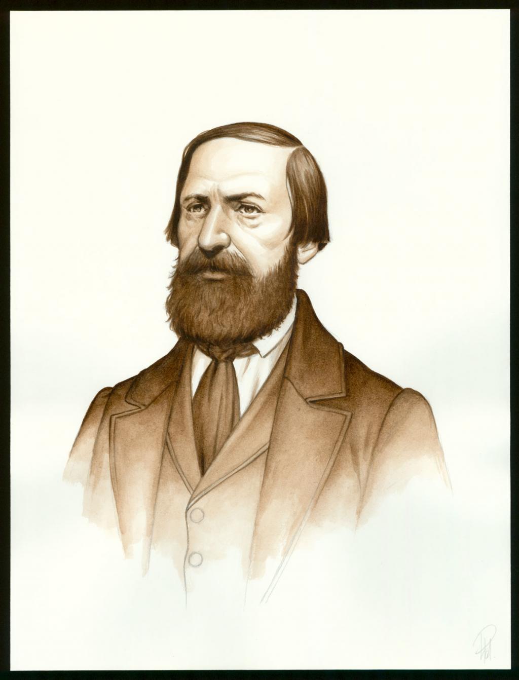 Illustration originale 29 - Portrait d'Auguste Vacquerie, sépia - Laurent Paturaud - Aquarelle et crayon de couleur sur papier - 3378