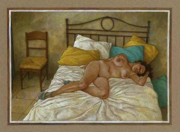 Illustration originale, Mariela ? Nu VI, 2015 - Miguelanxo Prado - Crayon noir et acrylique sur papier - 3772