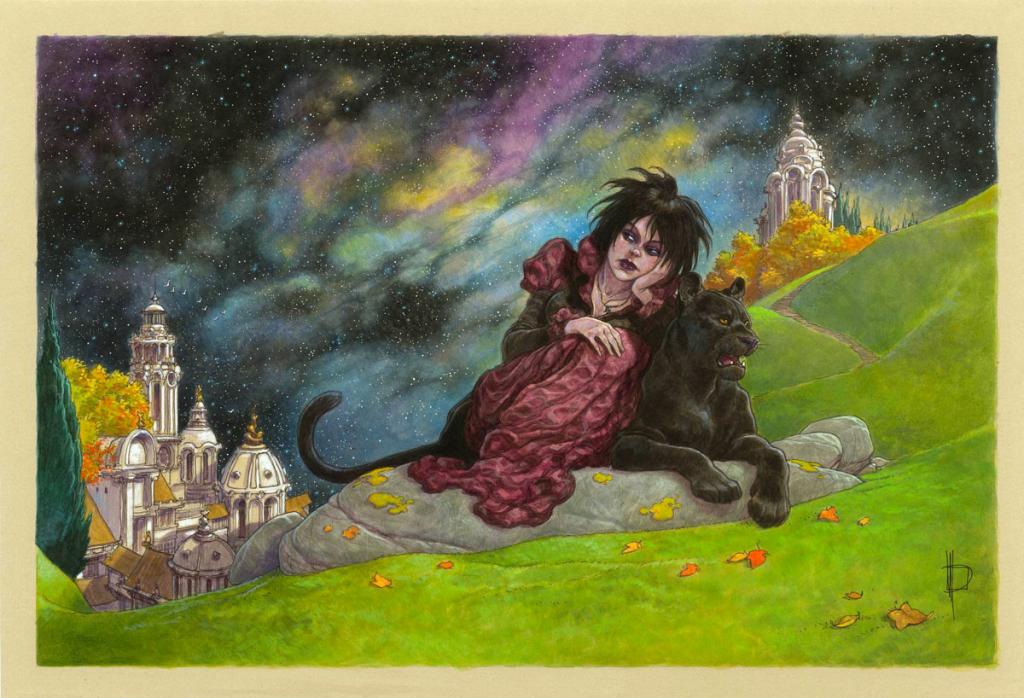 Illustration originale inédite - Death et panthère II - Miguelanxo Prado - Encre de Chine et acrylique sur papier - 3770