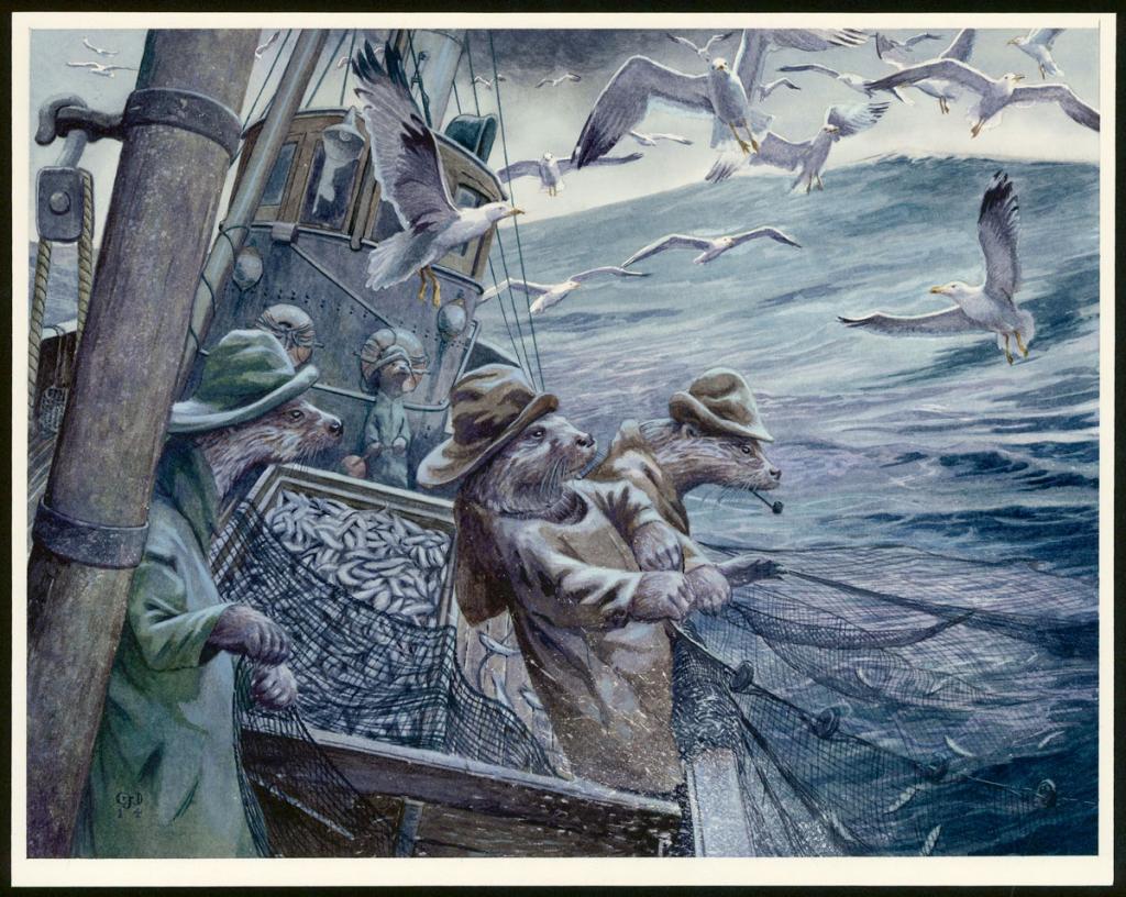 Illustration originale, "Hauling The Nets - Christopher Dunn - Aquarelle sur papier - 3369