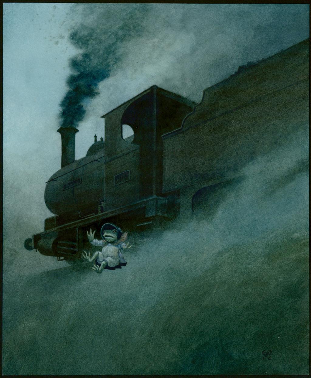 Illustration originale intitulée "Toad jumps from the train" (Crapaud saute du train) - Christopher Dunn - Aquarelle sur papier - 5497