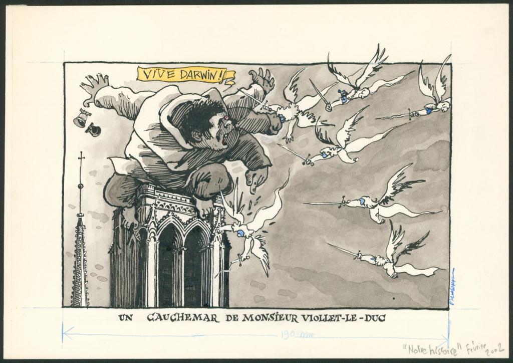 Illustration originale - " Un cauchemar de Monsieur Viollet-Le-Duc " réalisée pour le magasine "Notre histoire " en février 2002 - F'murr - Encre de Chine et encre de couleur sur papier - 3713