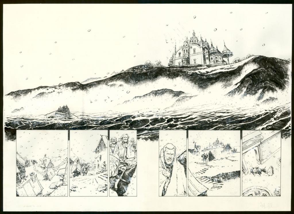 Double-planche originale n°4 et 5. Rustine en case 1 - Stefano Carloni - Encre de Chine - 3615