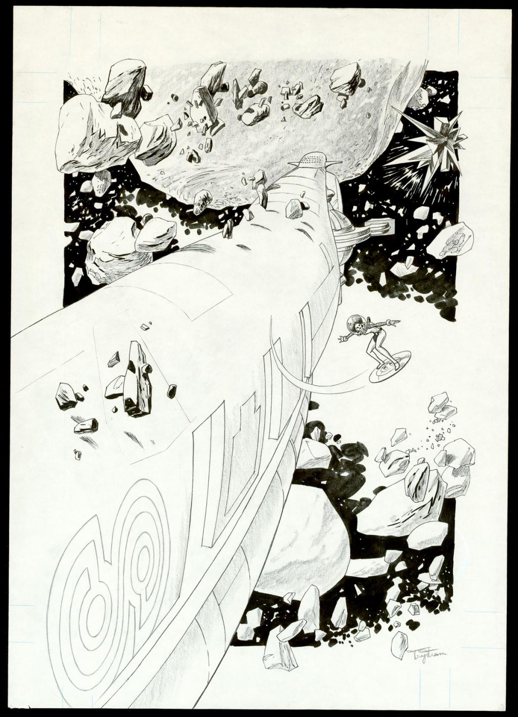 Planche originale avec raccord sur le vaisseau au niveau des pierres - Martin Trystram - Encre de Chine - 4097