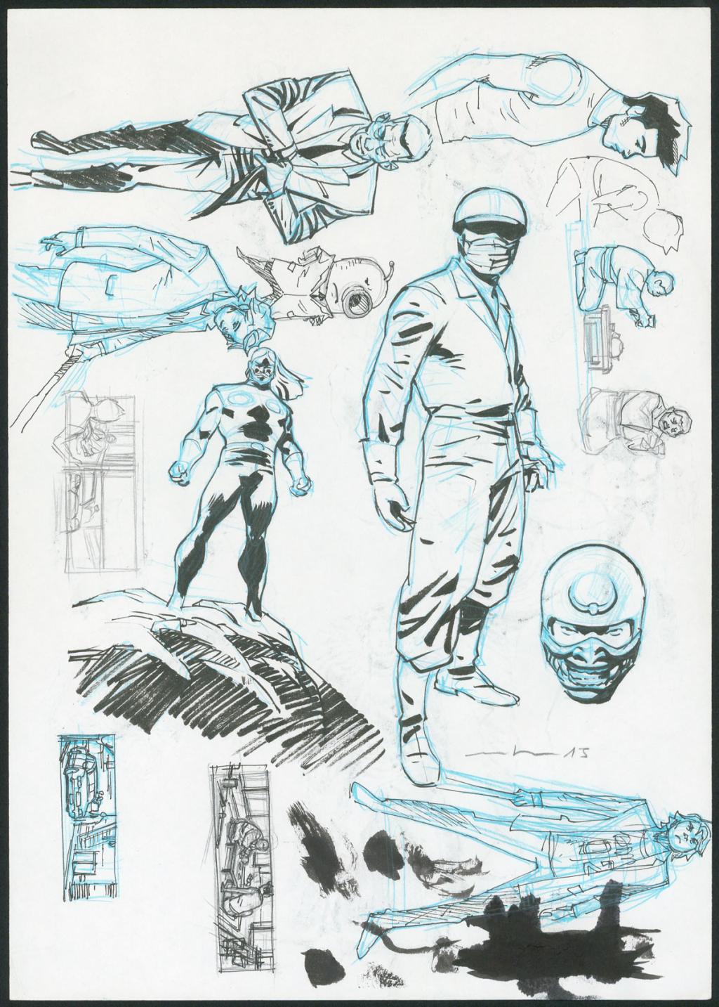 Illustration originale, recherches de personnages - Marcial Toledano - Encre de Chine, crayon et crayon bleu sur papier - 3657