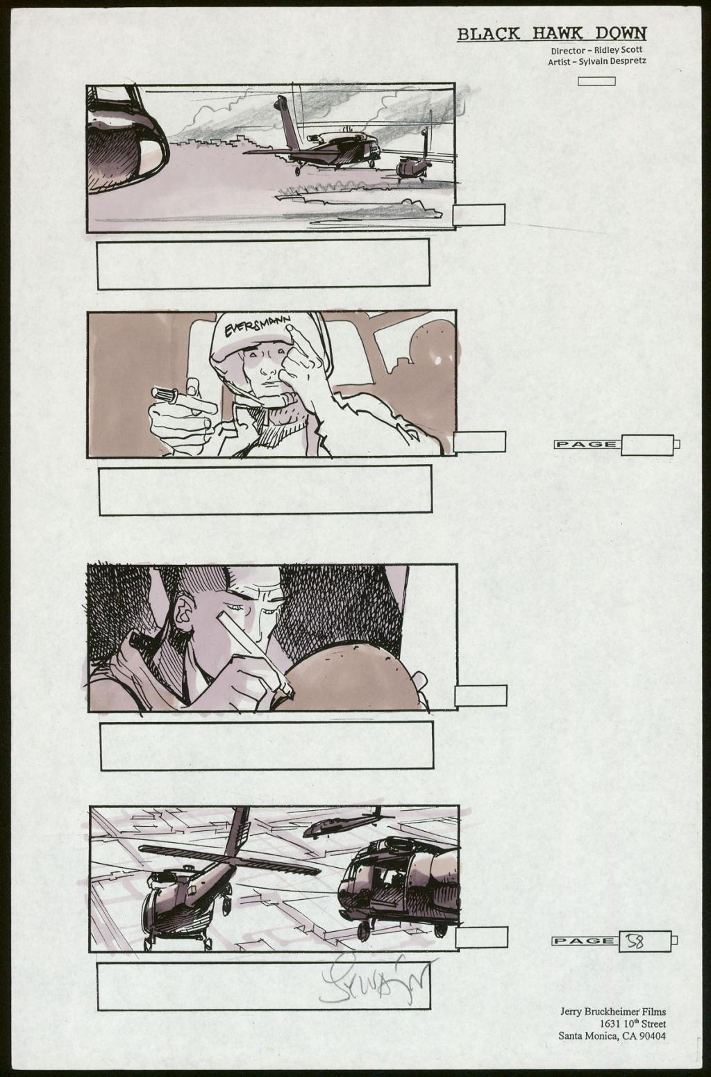 Story board pour le film Black Hawk Down (La Chute du Faucon noir) de Ridley Scott - Sylvain Despretz - Technique mixte sur papier - 3727