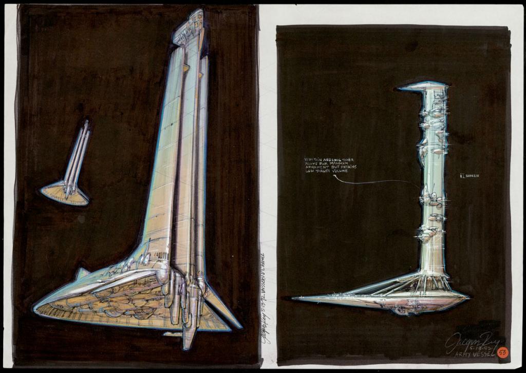 Concept art pour Le cinquième élément de Luc Besson, Vaisseau de l'armée - Jacques Rey - Technique mixte sur papier - 3729