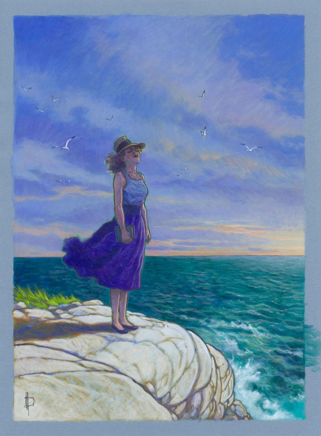 Illustration originale, Ana sur les rochers, 2010 - Miguelanxo Prado - Acrylique sur papier teinté - 3756