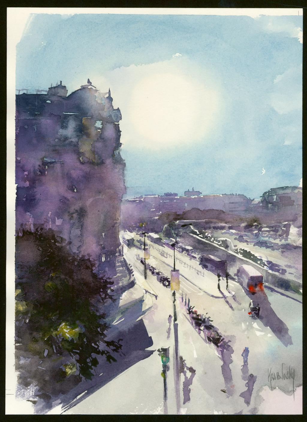 Aquarelle - Paris - Boulevard Diiderot sous le soleil - Jean-Paul Krassinsky - Aquarelle sur papier - 3907
