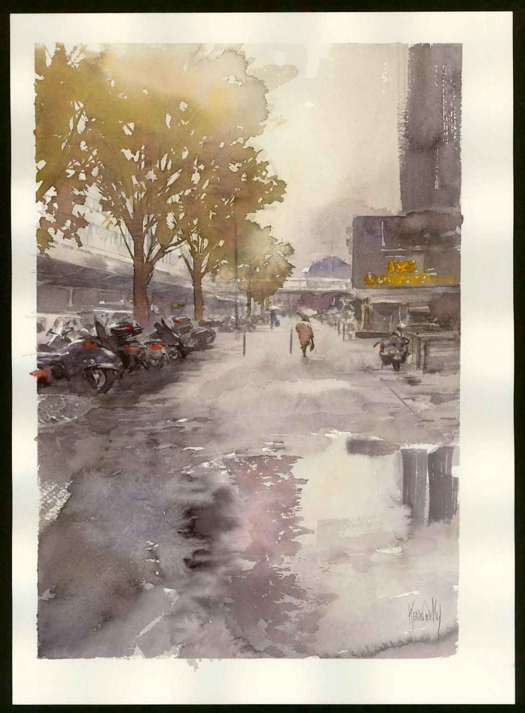 Aquarelle - Paris - Rue de Bercy - Jean-Paul Krassinsky - Aquarelle sur papier - 4115