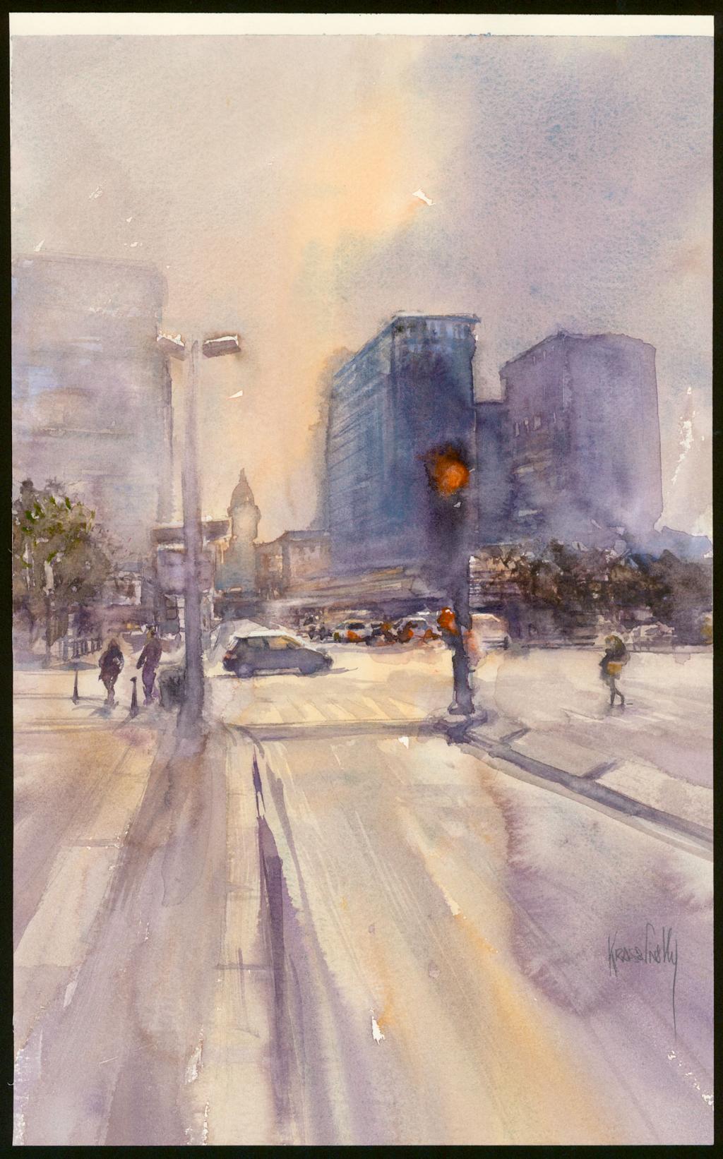 Aquarelle - Paris - Feu rouge - Jean-Paul Krassinsky - Aquarelle sur papier - 3909