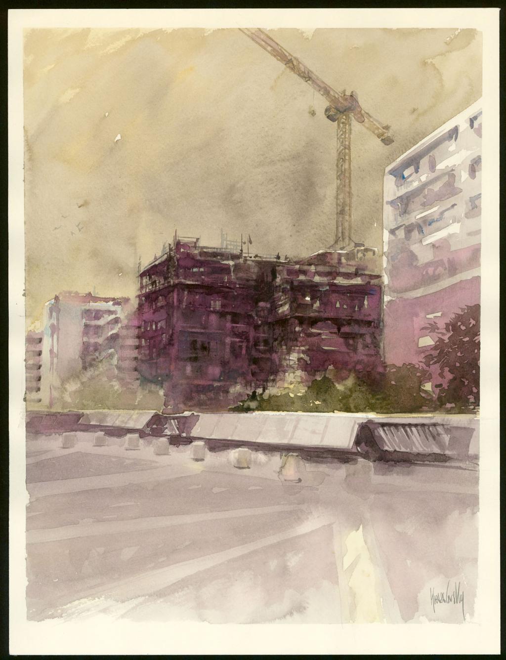 Aquarelle - Paris - Rue de Bercy - Chantier - Jean-Paul Krassinsky - Aquarelle sur papier - 3910