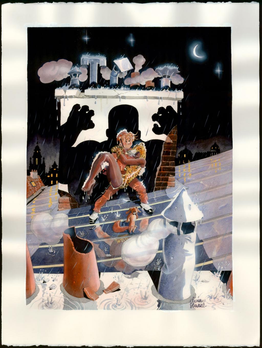 Illustration originale intitulée Spirou acculé - Olivier Schwartz - Gouache sur papier - 6151