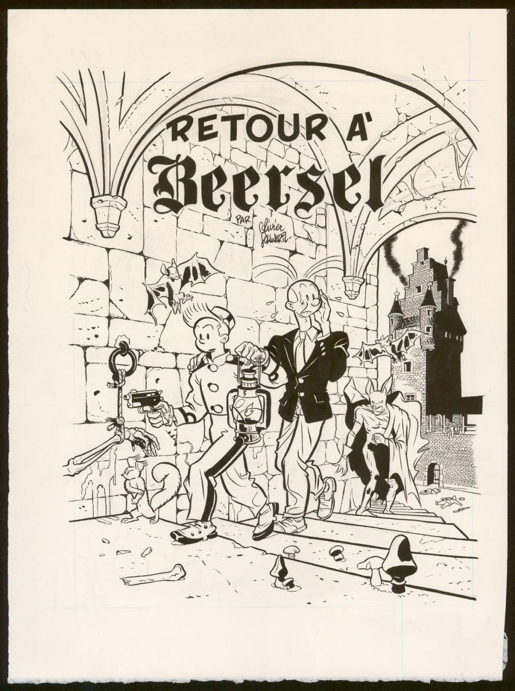 Illustration originale inédite avec un clin d'oeil à Vandersteen et à son album Le trésor de Beersel - Olivier Schwartz - Encre de Chine sur papier - 6158