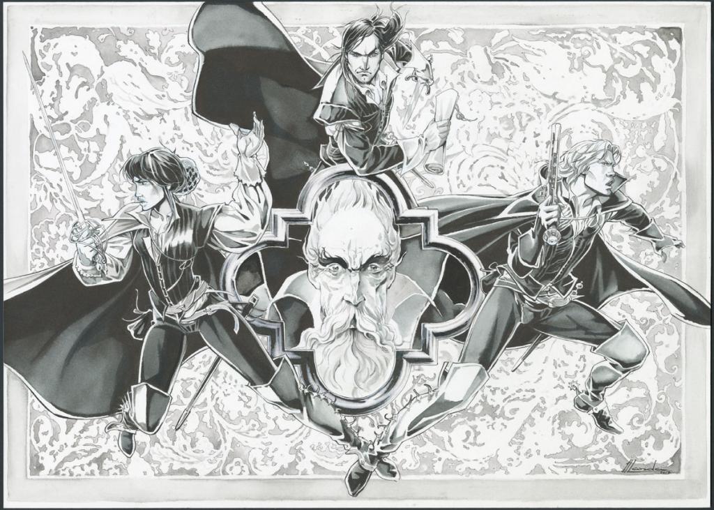 Illustration originale de l'ex libris du 2ème coffret des tomes 1 et 2 - Juan Luis Landa - Encre de Chine et lavis sur papier - 4165