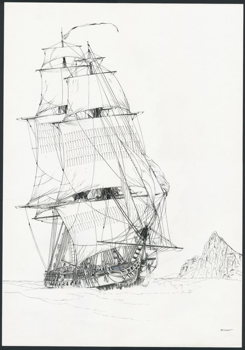 Illustration originale " USS Constitution crossing the Gibraltar strait, october 1803 - Franck Bonnet - Encre de Chine sur papier - 4276