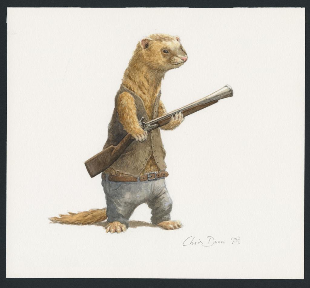 Illustration originale intitulée "Ferret with gun" (Furet avec fusil) - Christopher Dunn - Aquarelle sur papier - 5489