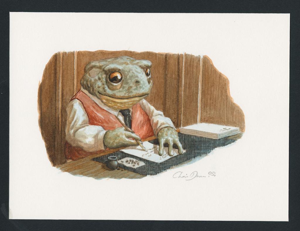 Illustration originale intitulée "Toad writing" (Crapaud écrivant) - Christopher Dunn - Aquarelle sur papier - 5496