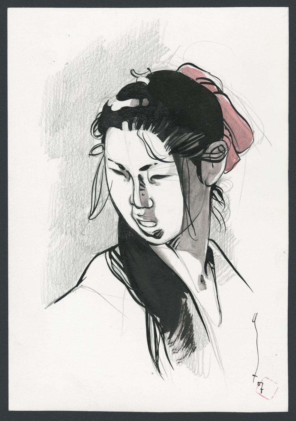 Illustration originale,portrait de femme - Marc Michetz - Aquarelle, mine de plomb et encre de Chine sur pap - 4290