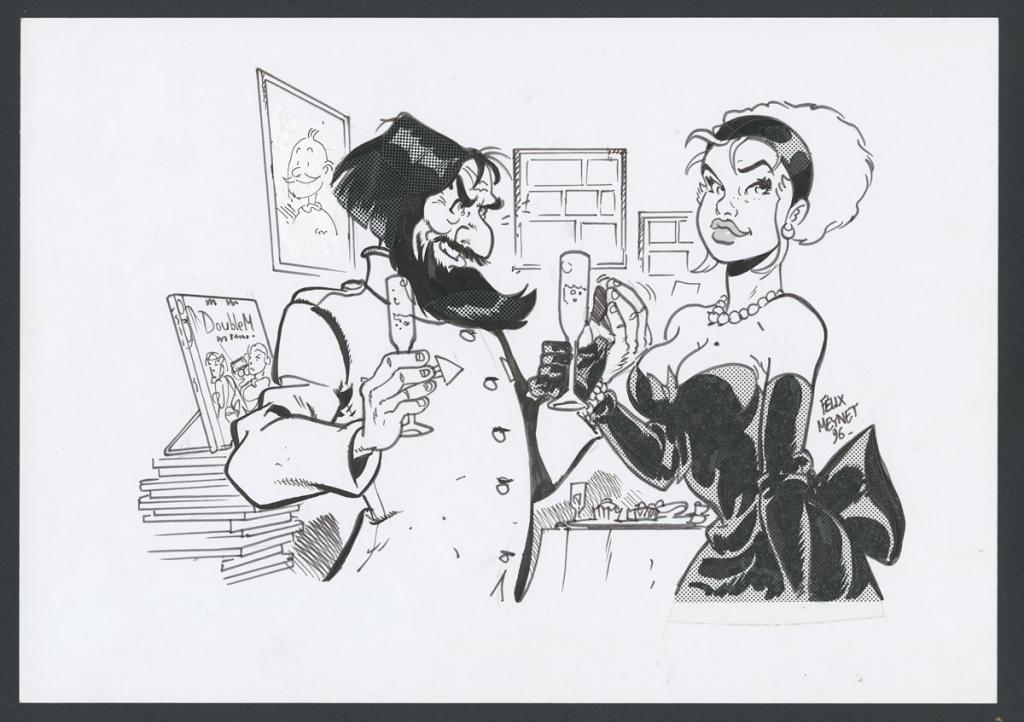 Carton d'invitation réalisée en 1996 pour une exposition à la librairie Raspoutine - Félix Meynet - Encre de Chine, feutre et trame sur papier - 4298