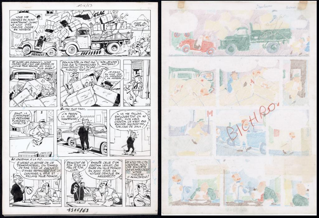 Planche originale n°11  issue de l'histoire La Poursuite, prépubliée dans Spirou en 1963, accompagnée de son calque d'indication couleurs - Maurice Tillieux - Encre de Chine sur papier - 5591