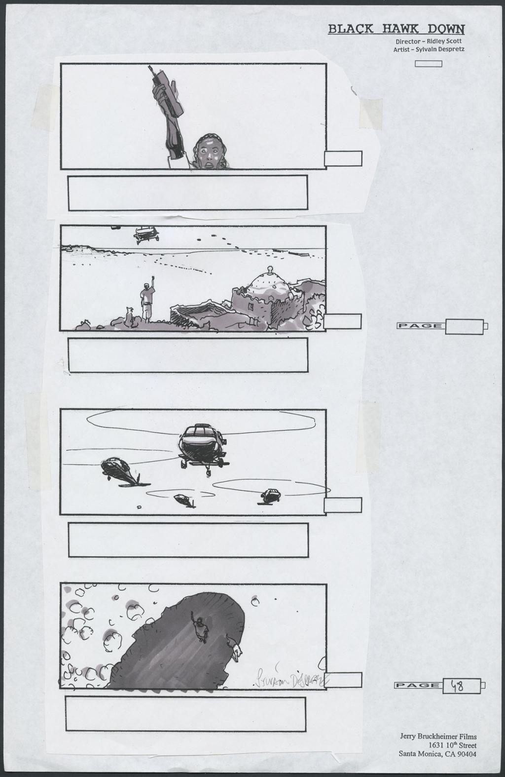 Storyboard réalisé pour le film Black Hawk Down (La Chute du Faucon noir) de Ridley Scott - Sylvain Despretz - Technique mixte sur papier - 4249