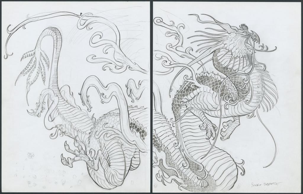 Concept de tatouage pour le film Valérian et la cité des mille planètes de Luc Besson. L'original présente au dos le portrait en pied d'une femme de la délégation indienne - Sylvain Despretz - Encre de Chine et mine de plomb sur papier - 4317