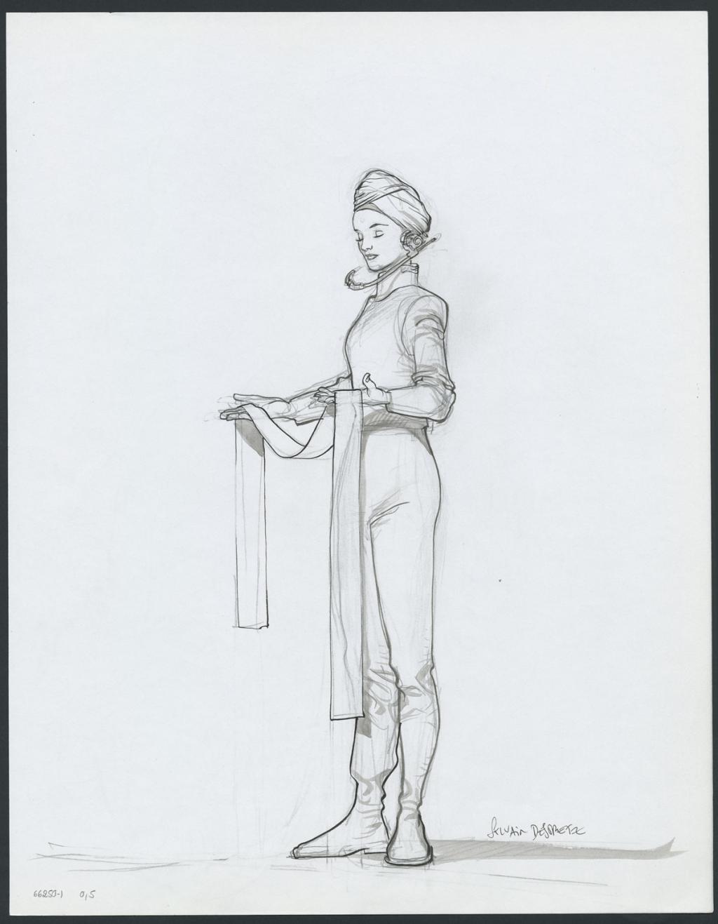 Concept de tatouage pour le film Valérian et la cité des mille planètes de Luc Besson. L'original présente au dos le portrait en pied d'une femme de la délégation indienne - Sylvain Despretz - Encre de Chine et mine de plomb sur papier - 4317