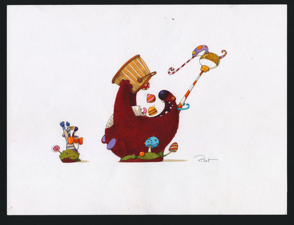 Illustration originale réalisée pour la création d'une chocolaterie de monstres dans la boutique de luxe Landmark à Honk Kong - Frédéric Pillot - Acrylique rehaussée de craie - 6251