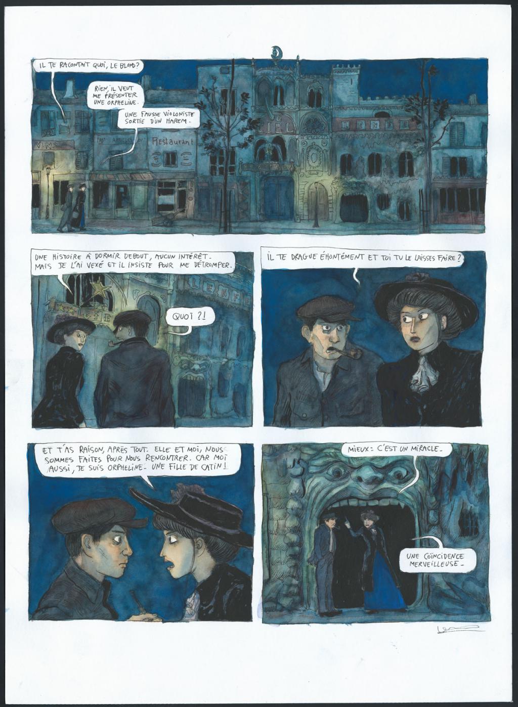 Planche originale, reprise en couleur de la page 12, accompagnée des dessins (encre, lavis et mine de plomb sur papier) - Clément Oubrerie - Encre de Chine et aquarelle sur papier - 4547