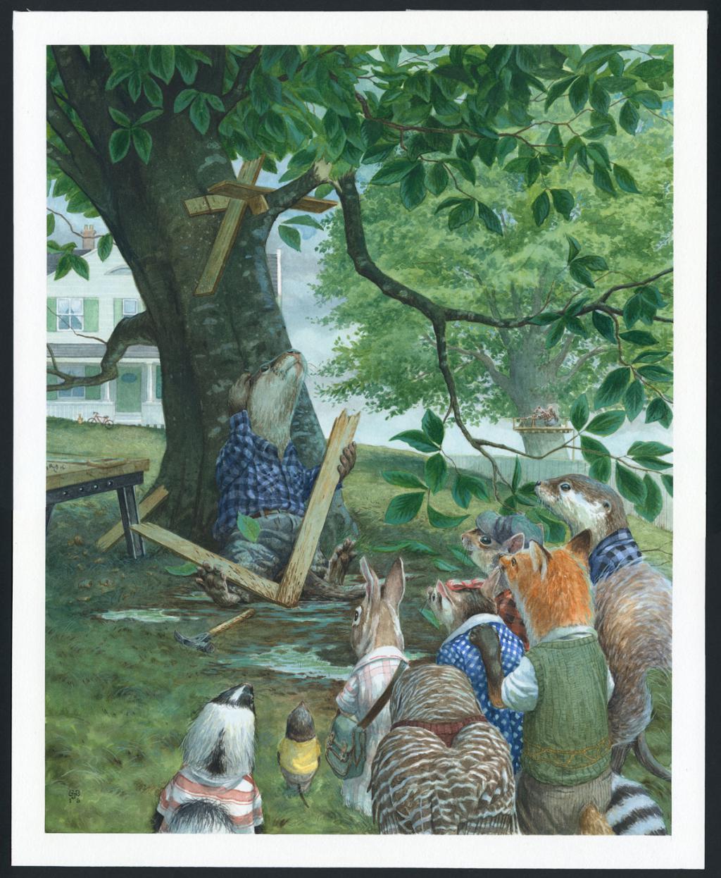 Illustration originale, Mr Otter Building A Treehouse - Christopher Dunn - Aquarelle sur papier - 4730