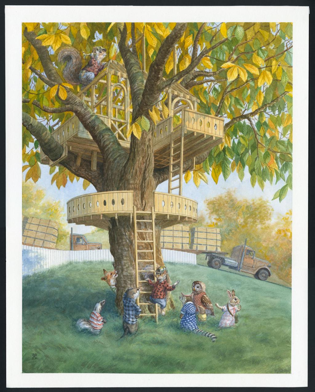 Illustration originale,Building Jimmy's Treeshouse - Christopher Dunn - Aquarelle sur papier - 4733