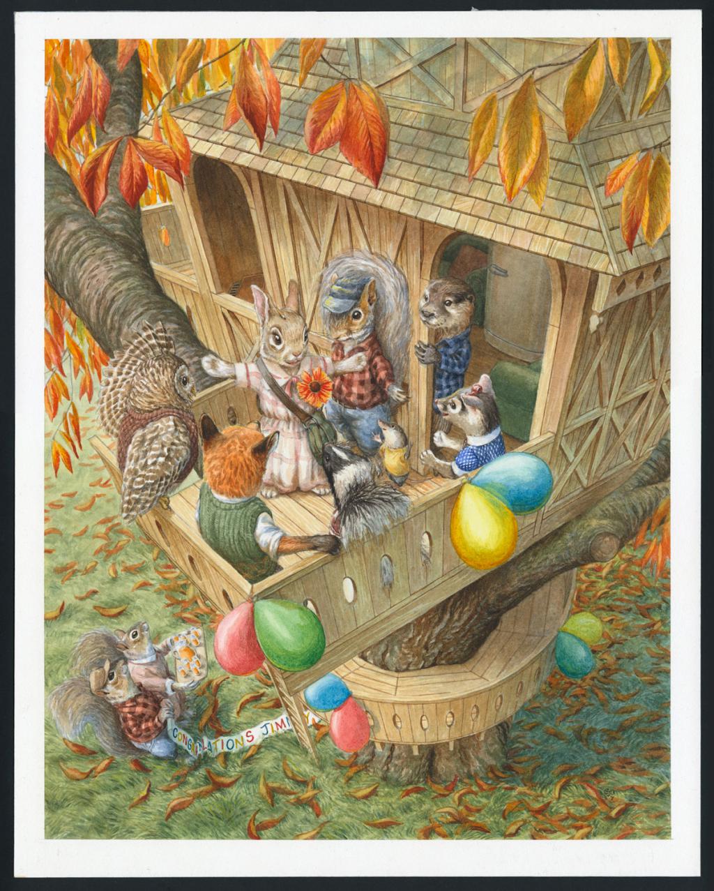 Illustration originale,Jimmy Squirrel's Treehouse - Christopher Dunn - Aquarelle sur papier - 4736