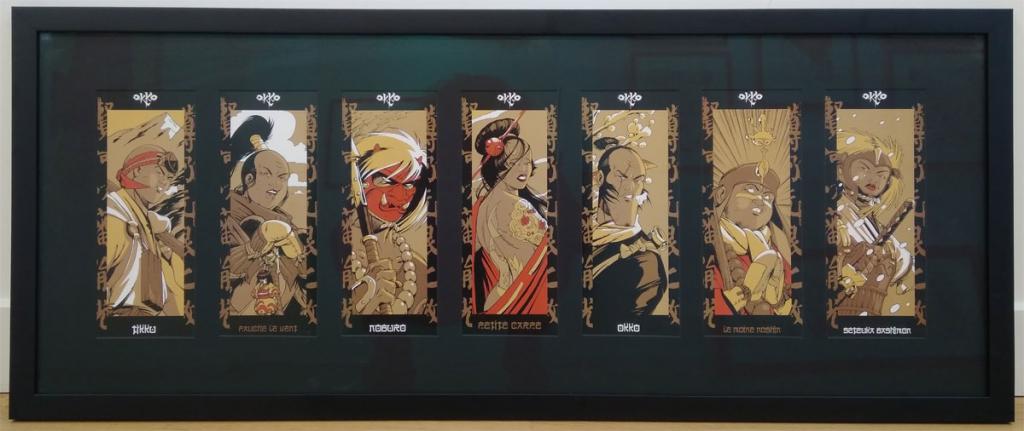 Ensemble de 7 illustrations à l'effigie des personnages de la série encadrées. Le lot présente également les tirages couleurs, encadrés - Hub - Encre de Chine sur papier - 5106