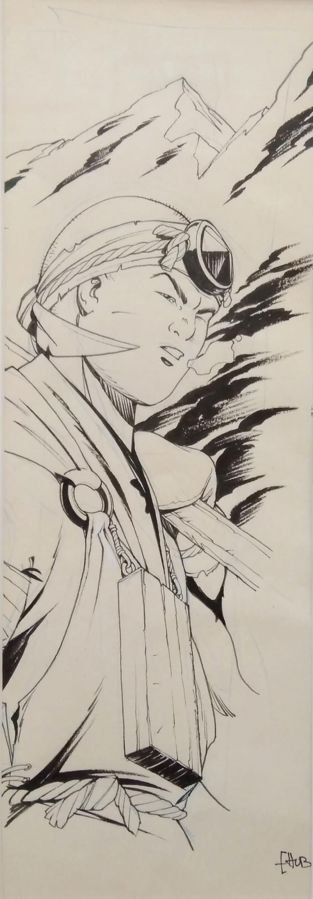 Ensemble de 7 illustrations à l'effigie des personnages de la série encadrées. Le lot présente également les tirages couleurs, encadrés - Hub - Encre de Chine sur papier - 5106