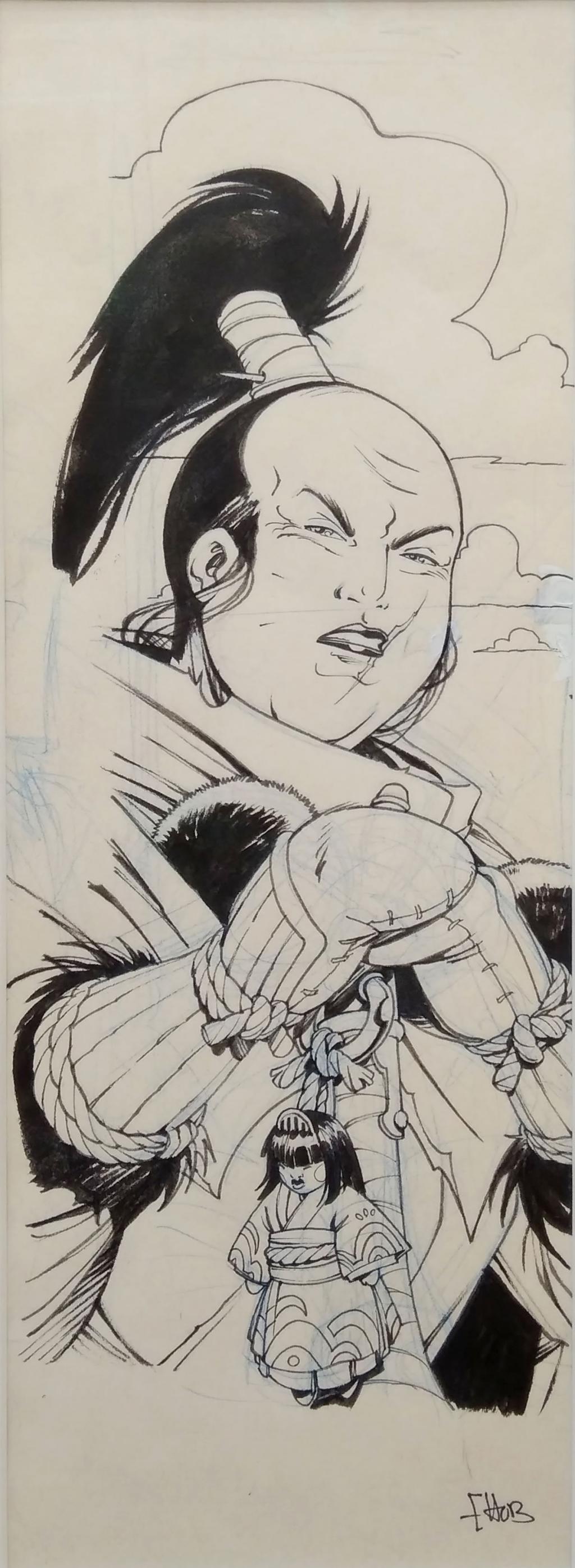 Ensemble de 7 illustrations à l'effigie des personnages de la série encadrées. Le lot présente également les tirages couleurs, encadrés - Hub - Encre de Chine sur papier - 5106