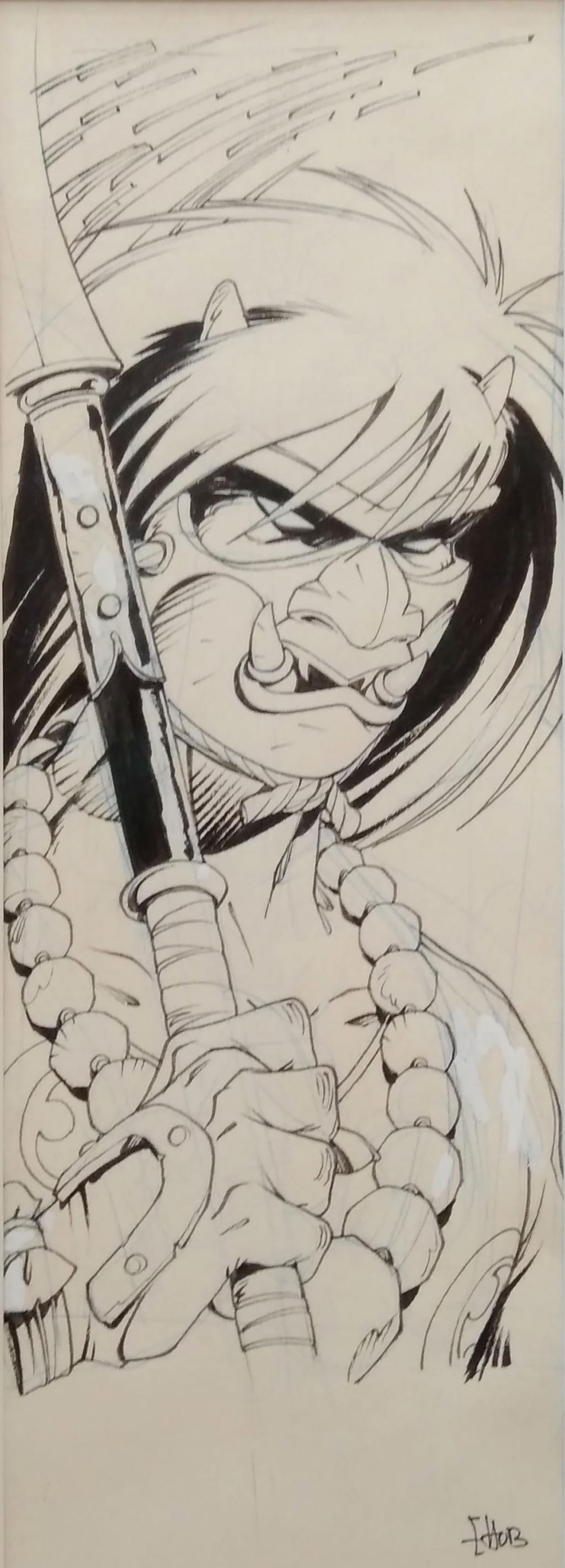 Ensemble de 7 illustrations à l'effigie des personnages de la série encadrées. Le lot présente également les tirages couleurs, encadrés - Hub - Encre de Chine sur papier - 5106