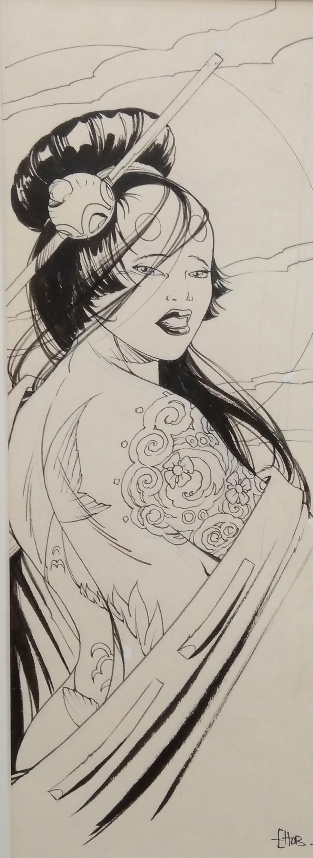 Ensemble de 7 illustrations à l'effigie des personnages de la série encadrées. Le lot présente également les tirages couleurs, encadrés - Hub - Encre de Chine sur papier - 5106