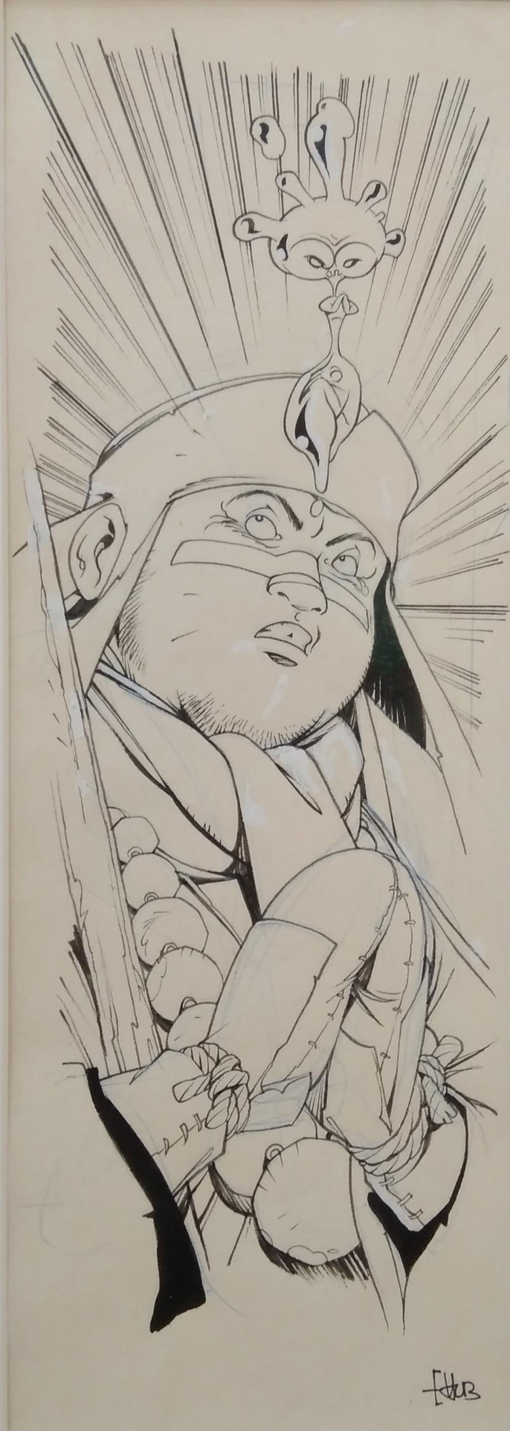 Ensemble de 7 illustrations à l'effigie des personnages de la série encadrées. Le lot présente également les tirages couleurs, encadrés - Hub - Encre de Chine sur papier - 5106