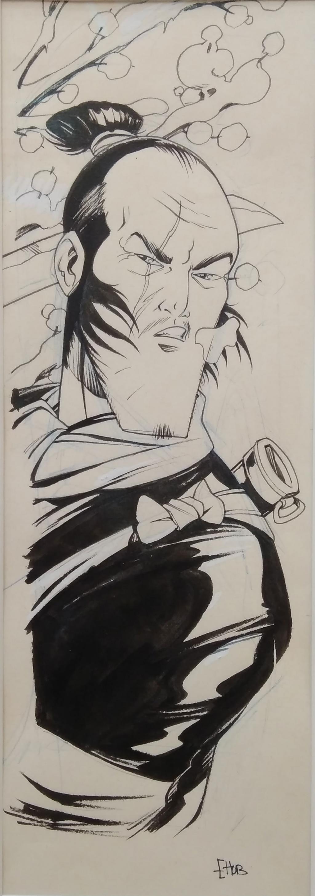 Ensemble de 7 illustrations à l'effigie des personnages de la série encadrées. Le lot présente également les tirages couleurs, encadrés - Hub - Encre de Chine sur papier - 5106