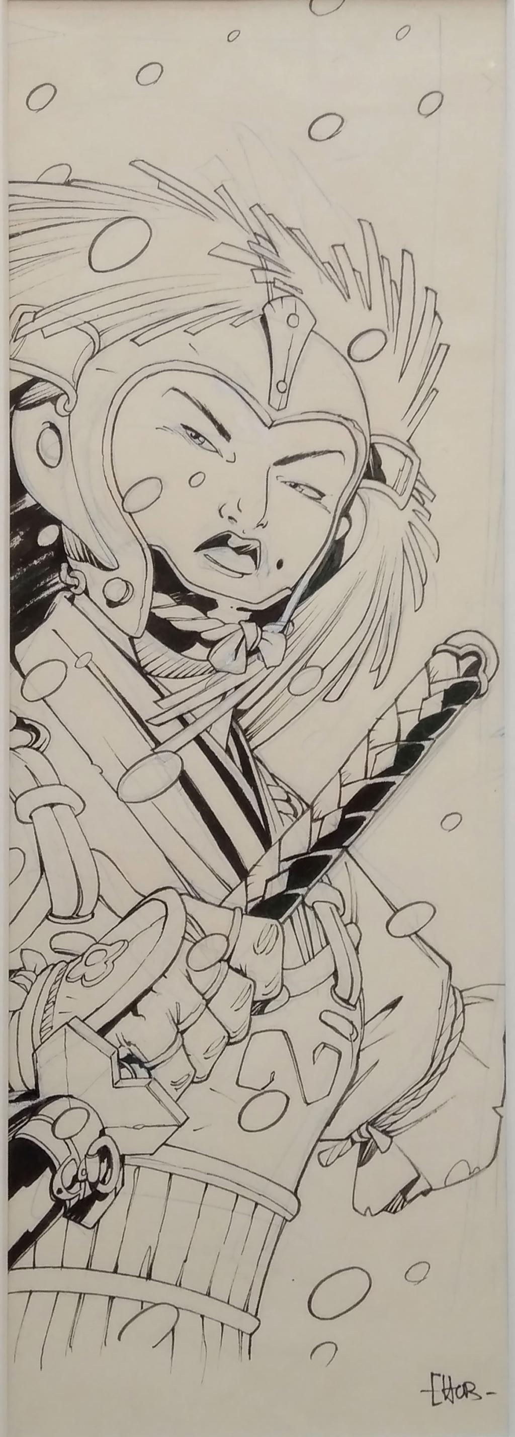 Ensemble de 7 illustrations à l'effigie des personnages de la série encadrées. Le lot présente également les tirages couleurs, encadrés - Hub - Encre de Chine sur papier - 5106