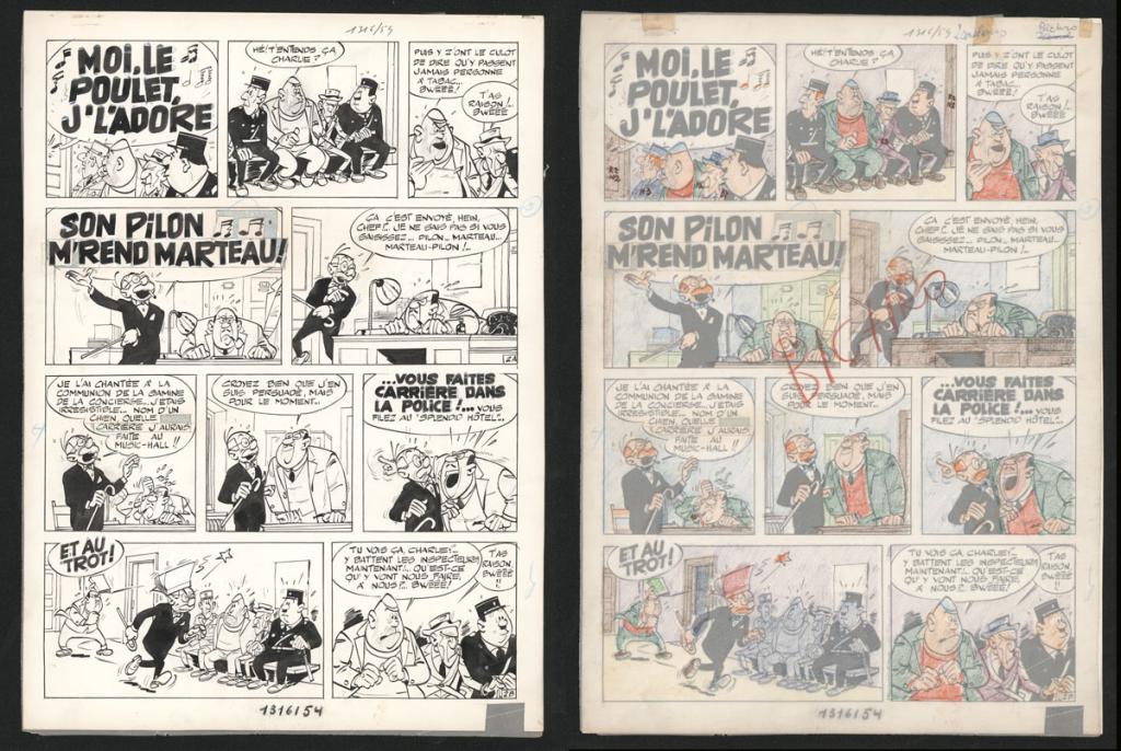 Planche originale n°2 issue de l'histoire La Poursuite, accompagnée de son calque d'indications des couleurs, prépublié dans Spirou en 1963 - Maurice Tillieux - Encre de Chine sur papier - 5625