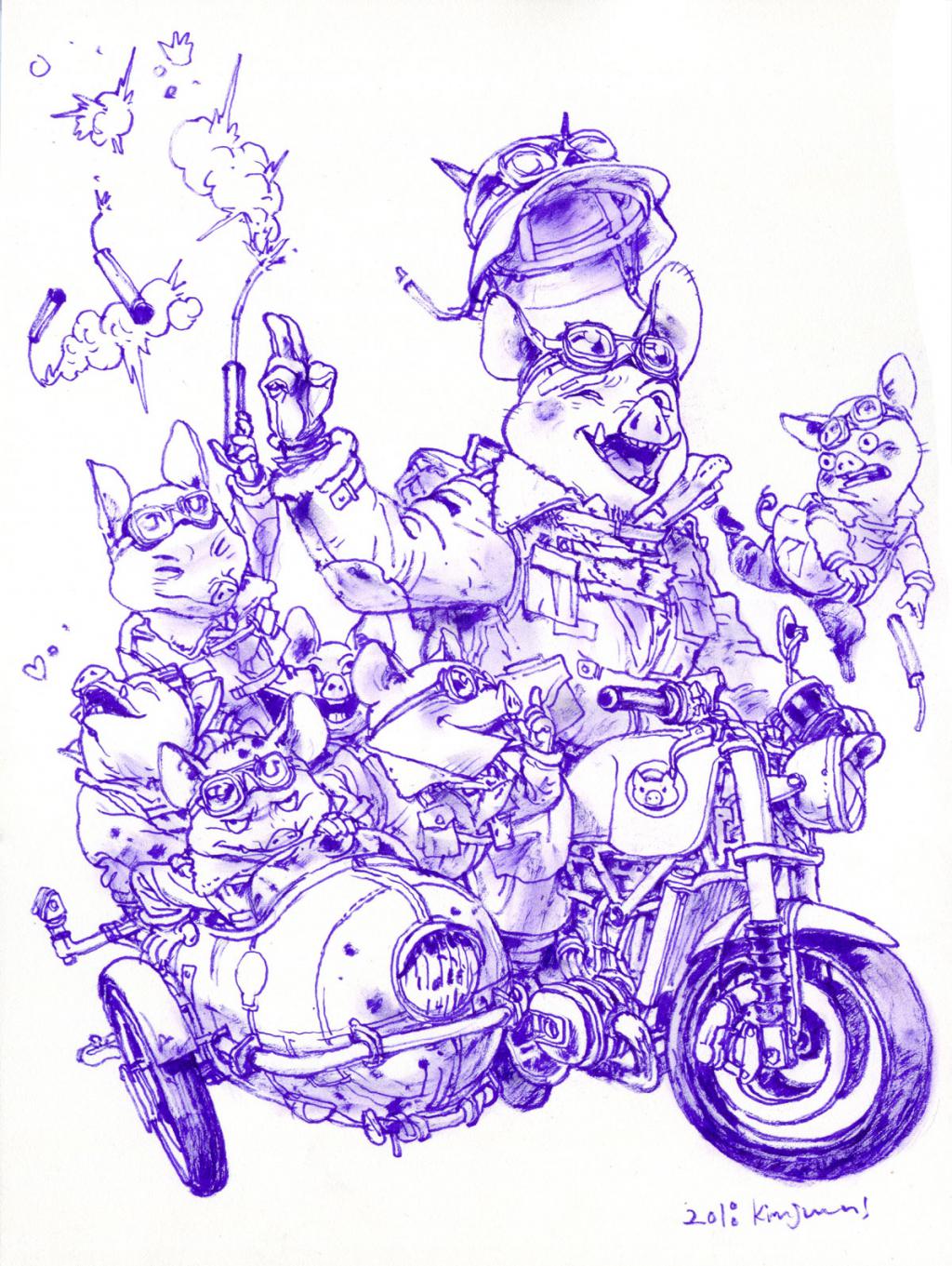 Illustration originale pour la carte postale pour le nouvel an 2019, année du cochon - Kim Jung Gi - Encres de couleur sur papier - 4858