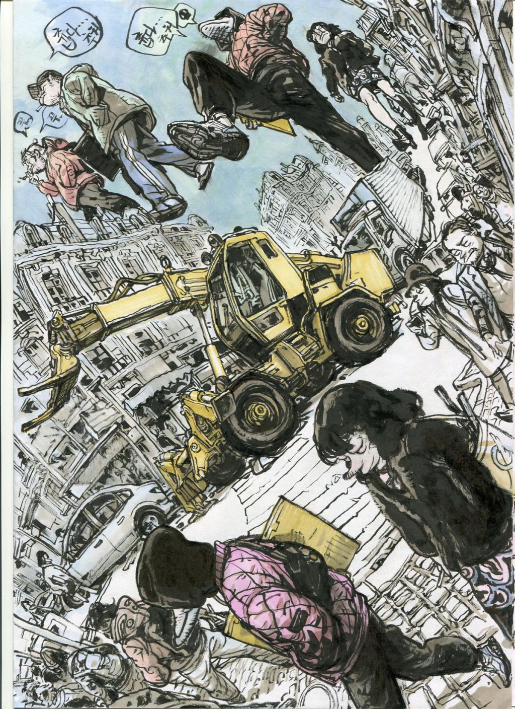 Illustration originale - Kim Jung Gi, Hyungjin et Boinlee à angoulême - Kim Jung Gi - Encres de couleur sur papier - 4781