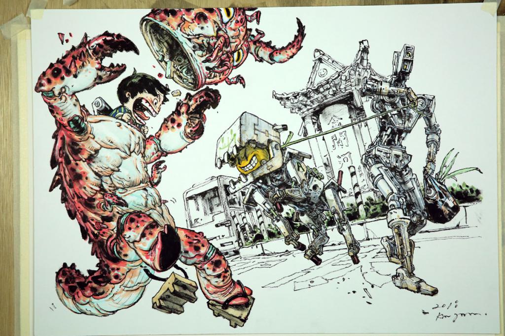 Illustration originale réalisée pour un fabriquant de jouets au Japon - Design de robots - Kim Jung Gi - Encre de chine et encre de couleur sur carton fort - 6246