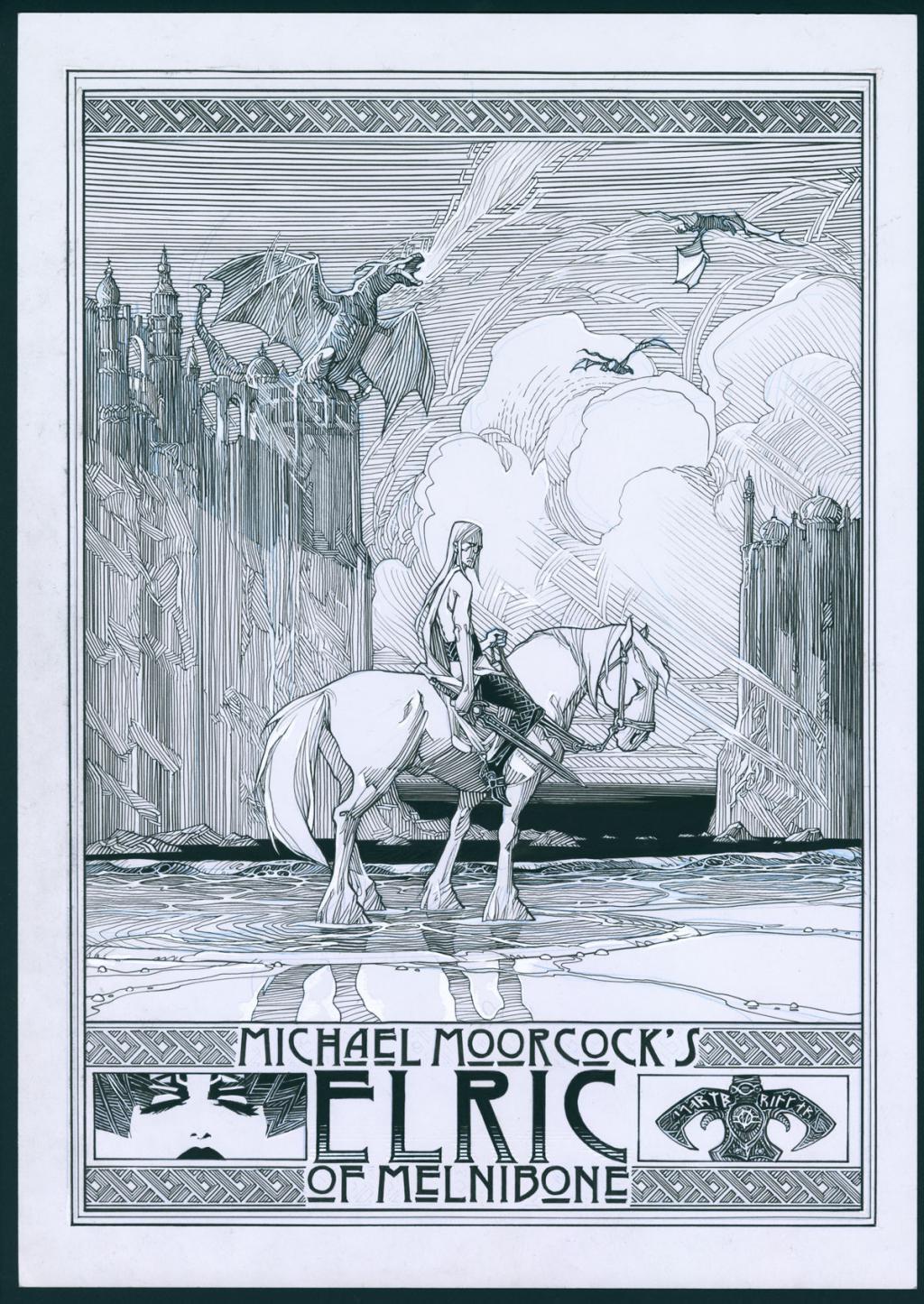 Illustration originale, hommage à Elric Le Nécromancien - Olivier Vatine - Encre de Chine sur papier - 3