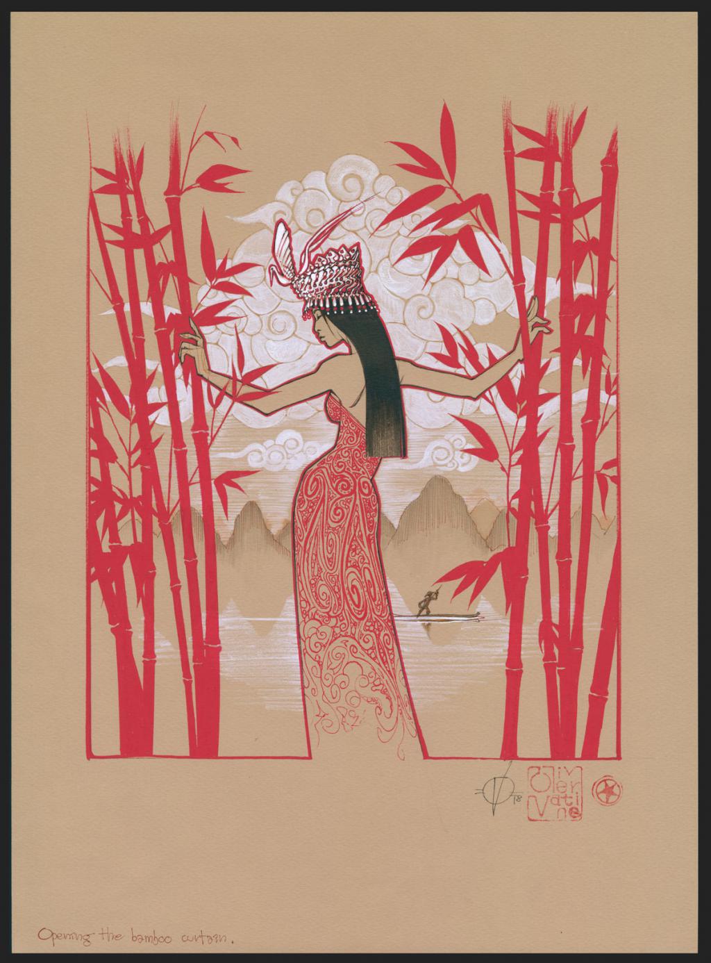 Opening the bamboo curtain, illustration originale, réalisée en 2018 - Olivier Vatine - Encre de Chine et Posca sur papier mi-teintes - 6